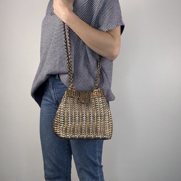 Vintage CEM Woven Leather Metallic Bronze Gold Purse | 80's 90s Bucket Style Bag - Picture 1 of 15